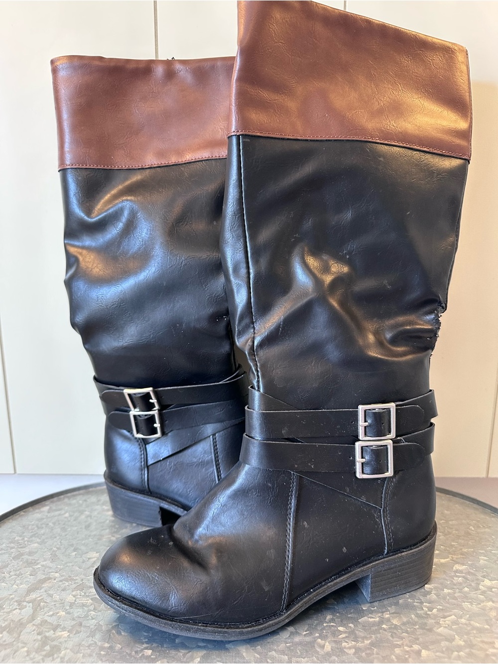 Tall Two-Tone Black and Brown Buckle Riding Boots